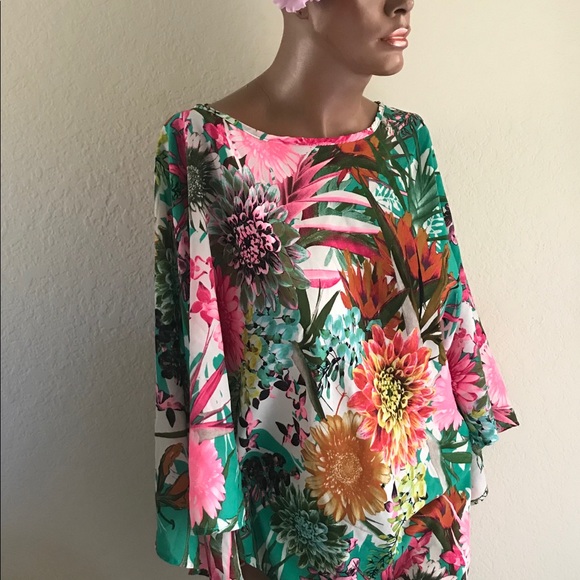 SALE!  BLACK BEAD Tropical Floral Print Asymetric Blouse S - Picture 4 of 9